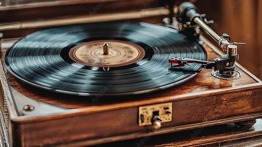 Vintage turntable playing a vinyl record, showcasing rich wood and classic design