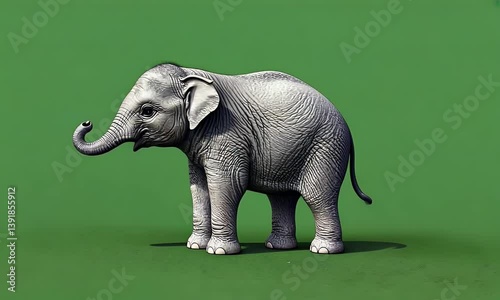 green screen video frame featuring young elephant with charming look and tiny steps isolated against bright green background
