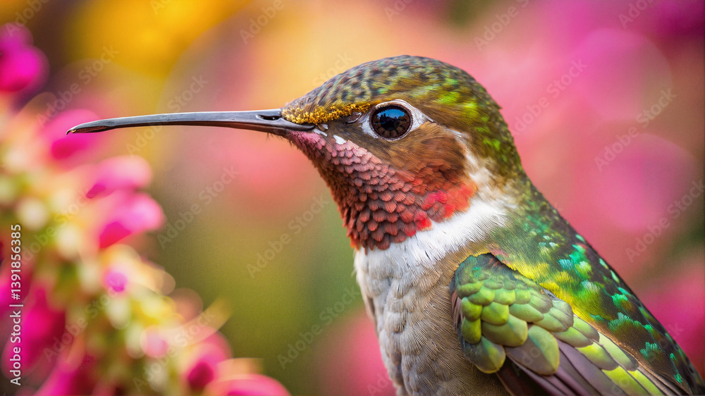 Obraz premium Close-up of hummingbird near colorful flowers