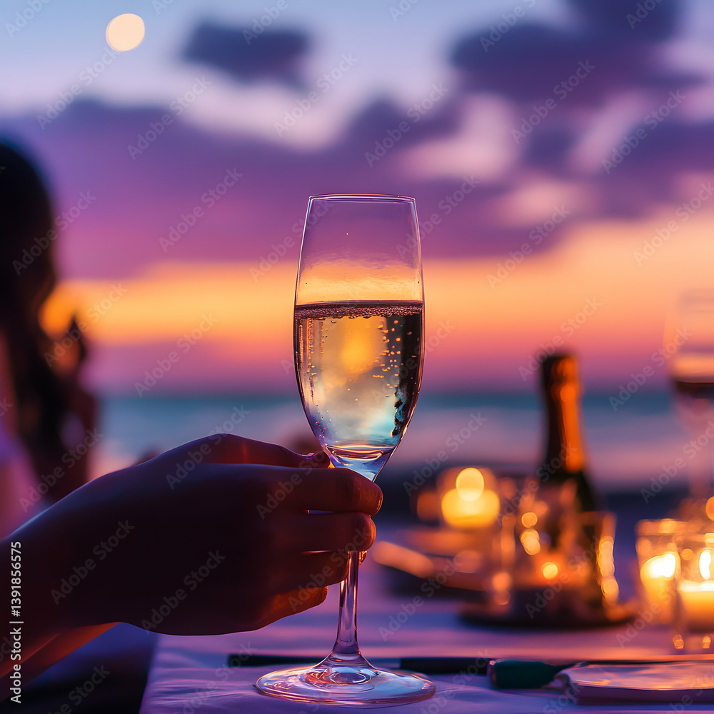 A hand holding a champagne flute with bubbles at a table with a sunset and candles in the background