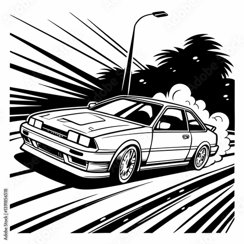 illustration of a Japanese street racer car drifting around a corner at high speed, with smoke trails and motion lines emphasizing the action