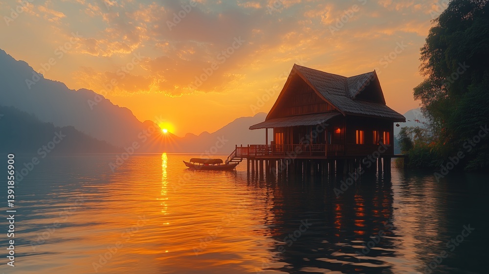 Fototapeta premium Sunset reflection at lakeside cabin