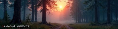 Wooden forest landscape at dusk with tall trees and misty atmosphere , foliage, woods