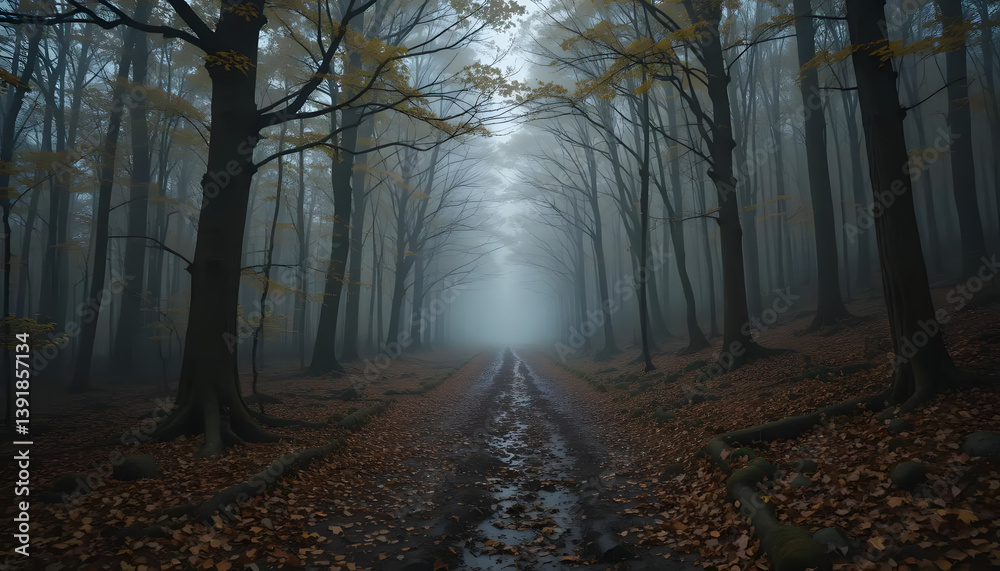 Obraz premium A calm forest path covered with fallen leaves, leading to a mysterious misty landscape.