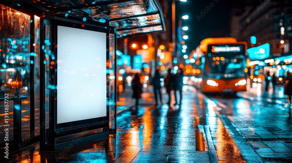 Night scene at a city bus stop with a blank white poster mockup, light emitting from it, people walking by, and motion-blurred traffic in the background. Night scene at a city bus stop with a blank white poster mockup, light emitting from it, people walking by, and motion-blurred traffic in the background.