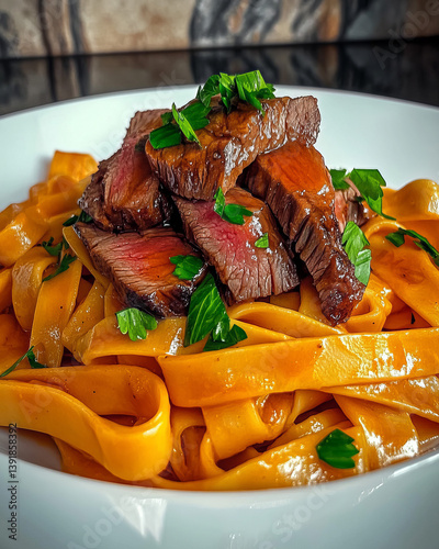 Fettuccine pasta topped with grilled steak and parsley