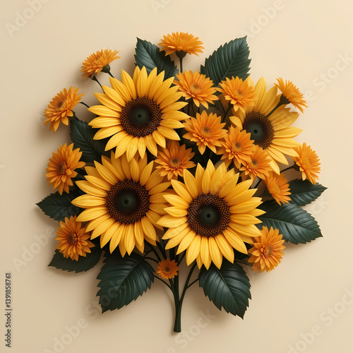 3D Floral Design of Golden Sunflowers and Orange Marigolds on Beige Background