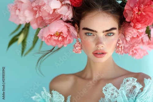 Freckled Woman with Blue Eyes Adorned in Pink and Coral Peonies
