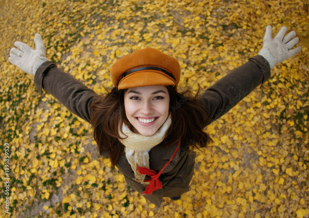 Happy woman wearing a winter coat and orange hat enjoys a sunny day while standing on a ground covered with autumn leaves