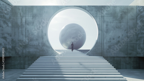 Person standing before a large sphere within a futuristic setting.