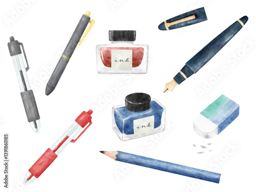 水彩画風の筆記用具のイラストセット