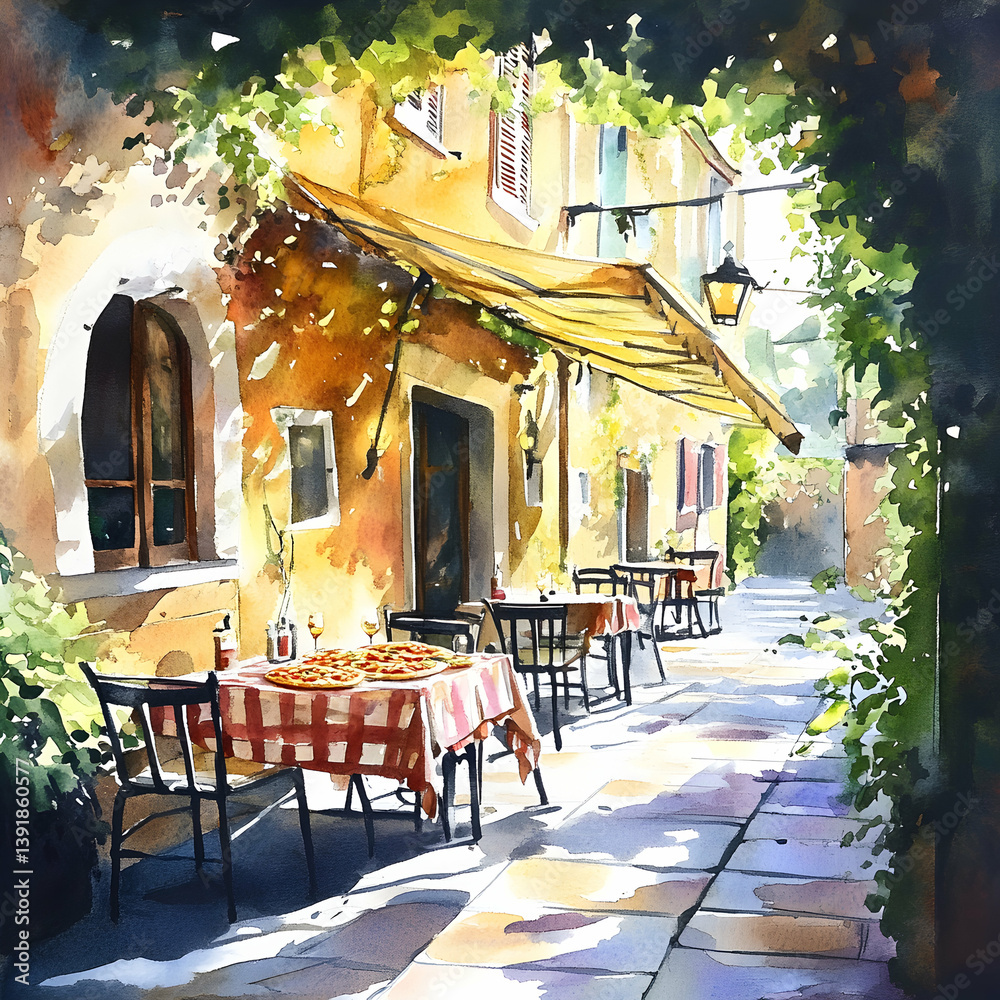 Watercolor painting of an outdoor italian restaurant with tables set for dining and pizza ready
