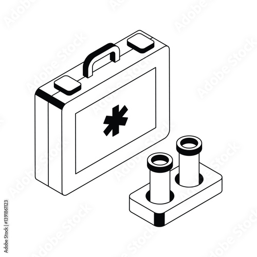 First aid kit with lab vials rack, icon in isometric style