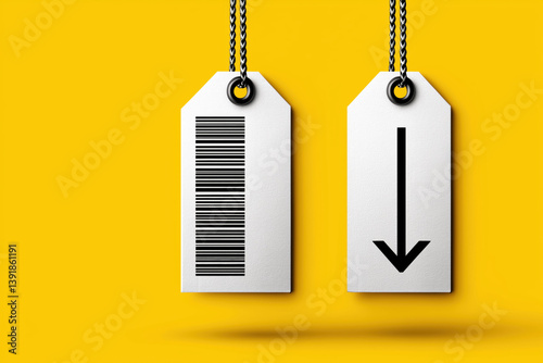 Price tags with barcode and downward arrow on vibrant yellow background symbolize retail exchange and tariff implications
