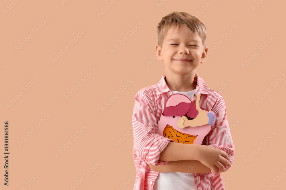 Little boy with paper digestive system on beige background Little boy with paper digestive system on beige background
