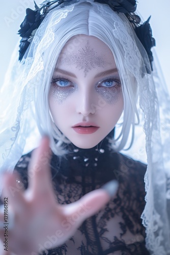 Close-Up of an Extremely Beautiful Woman with Stunning Features and Unique Makeup Against a Soft Background, Capturing a Dreamy and Ethereal Atmosphere