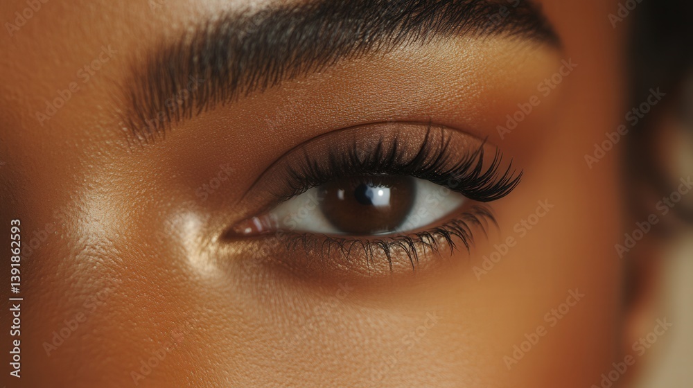 Close up view of a person's eye with lashes and defined eyebrow Close up view of a person's eye with lashes and defined eyebrow
