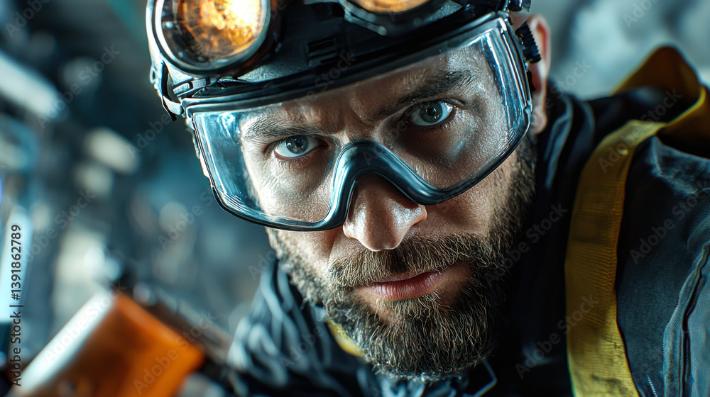 Underground mining engineer wearing protective gear, focused on safety and inspection in dark environment Underground mining engineer wearing protective gear, focused on safety and inspection in dark environment