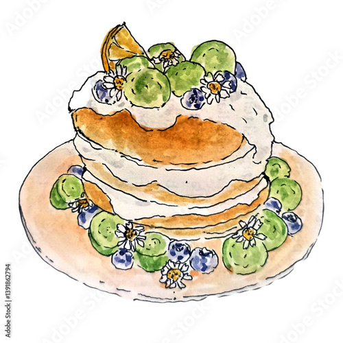 Watercolor illustration pancake with cream with muscat green grape and blueberry on top
Hand drawing vector art