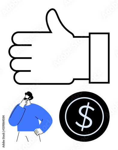 Large thumbs-up hand above a thoughtful person and a dollar coin representing financial decisions, approval, and success. Ideal for finance, progress, business, economy, motivation, decision-making