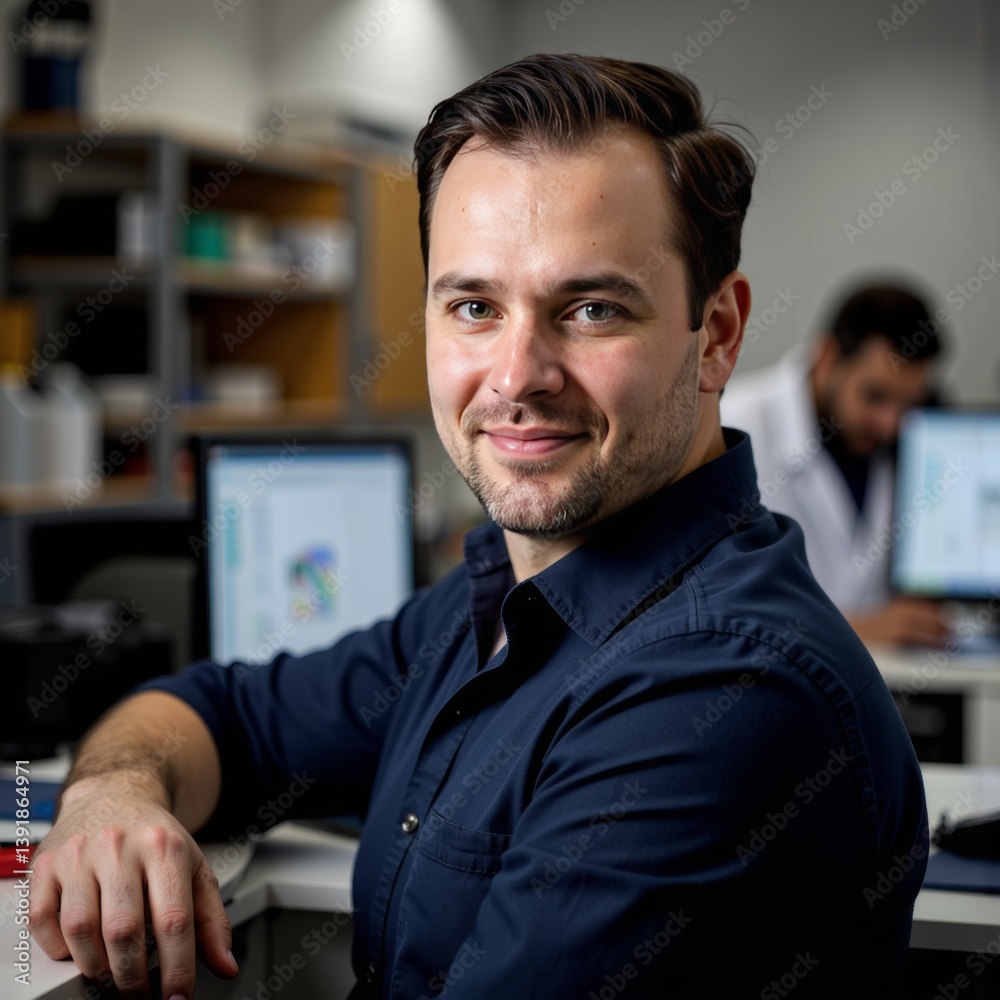 Professional man smiling in a modern office environment Professional man smiling in a modern office environment