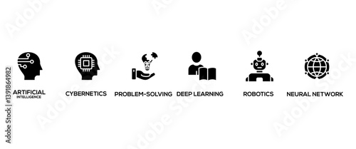 AI banner web icon vector illustration concept of artificial intelligence with icon of cybernetics, problem-solving, deep learning, machine learning, robotics and neural network
