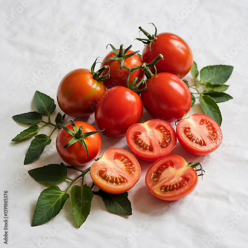 Fresh red plum tomatoes isolated on white background. Set of whole tomatoes, cut, halves, slices and tomato leaves.