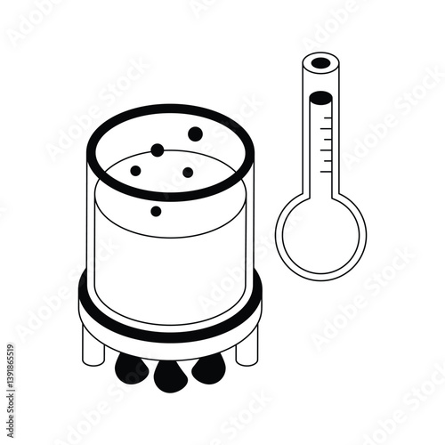 Lab heating beaker with thermometer, isometric icon