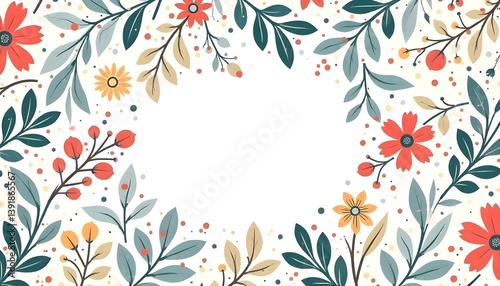 Decorative Floral Border, Red Yellow Orange Flowers, Green Blue Leaf Accents, Blank White Center, Invitation Template, Greeting Card Border, Ornamental Floral Artwork