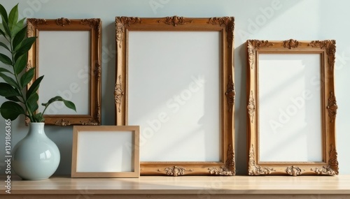 Empty photo frames in various sizes and styles, empty spaces, mixed frame sizes