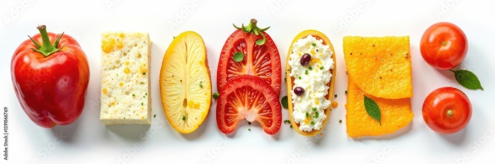 Food items arranged in a set on white background, bottles, food products Food items arranged in a set on white background, bottles, food products