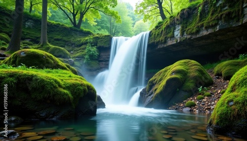 Misting waterfalls cascade through moss-covered rocks in a secluded clearing , tropical jungle, rainforest canopies, tropical landscape