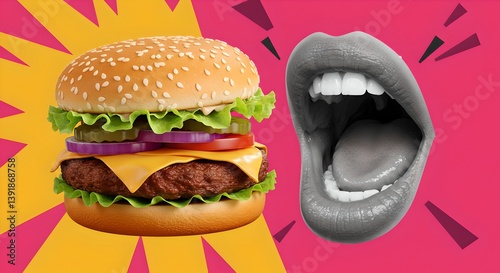 Mouth wide open ready to eat big burger with beef patty. Concept for fast food advertisement and creative design collage for restaurant menu or food blog. Delicious burger