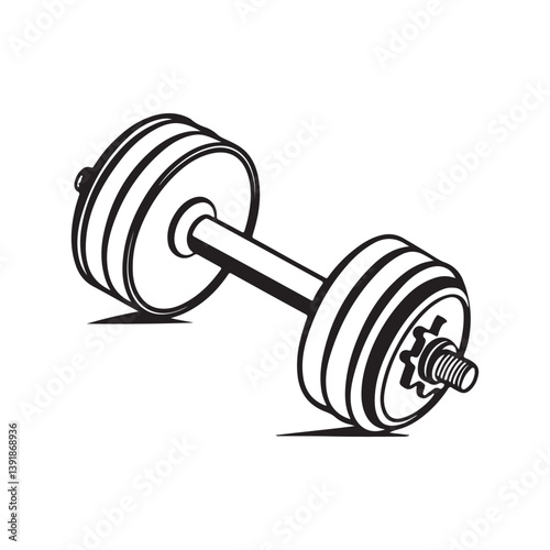 Weightlifting Equipment Illustration: A detailed black and white illustration showcases a sturdy dumbbell, highlighting the essential tool for strength training and physical fitness.