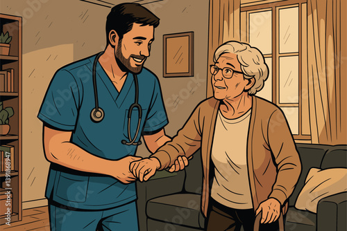 Male Nurse Assisting Elderly Woman During Home Visit