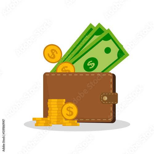 Brown wallet with green paper money and coins. Online payment concept.