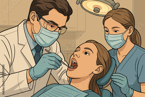 Dentist Treating Patient with Assistant in Modern Clinic