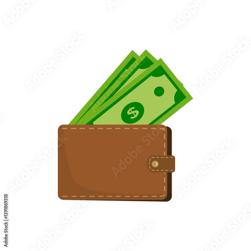Brown wallet with green paper money. Wallet with money dollar bank note flat design isolated, icon vector Money Icon vector. wallet with money icon flat. Online payment concept.