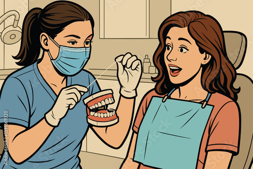 Dental Hygienist Teaching Patient How to Floss