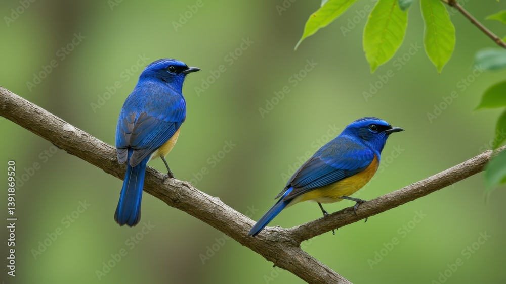Obraz premium Two vibrant blue birds perch peacefully on a branch against a green backdrop.