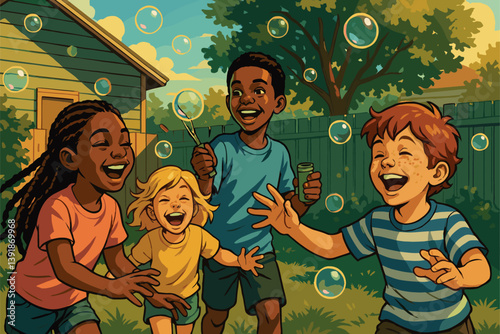 Children Playing with Bubbles and Laughing in Backyard