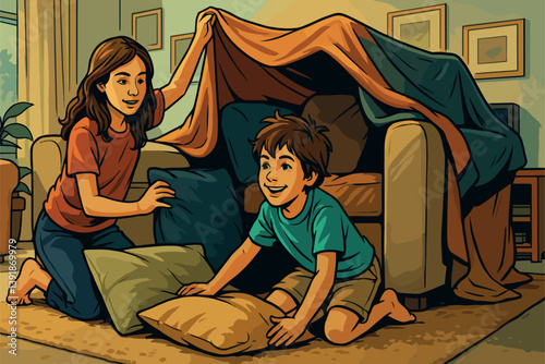 Siblings Building Blanket Fort in Cozy Living Room