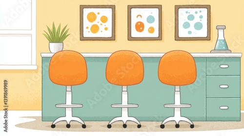 Pastel Science Lab Interior Three Orange Stools at Teal Counter