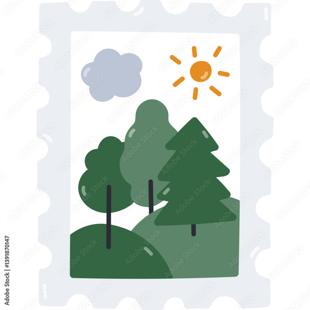 Fototapeta premium Lovely cartoon postage stamp with forest landscape. Trendy hand drawn postmark for letter, postcard, sending mail isolated on white.