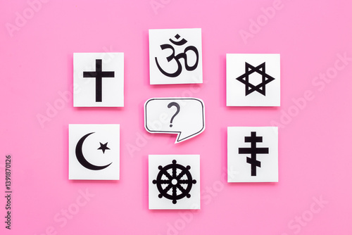 Photography World religious symbols - Christianity cross, Islam crescent, Buddhism dharma wh