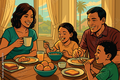 Family Having Breakfast Together at Sunlit Table