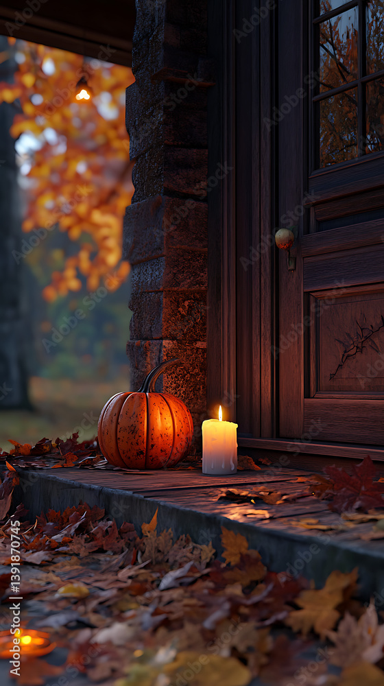 Obraz premium Autumn porch with pumpkin and candle