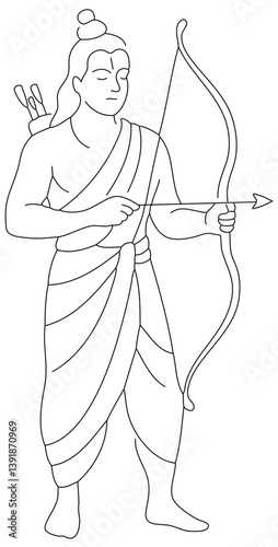 Indian God Lord Shree Rama  Vector Line Art Illustration, ram, arrow,dhanushya, religion, hindu god, Indian god, hinduism, India, belief, prayer, flying, rama, hill, animal, temple, shree, shri, ram,