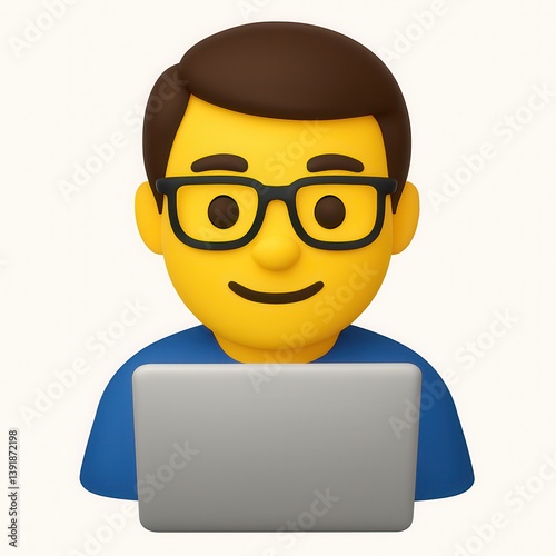 3D emoji-style illustration of a person using a laptop