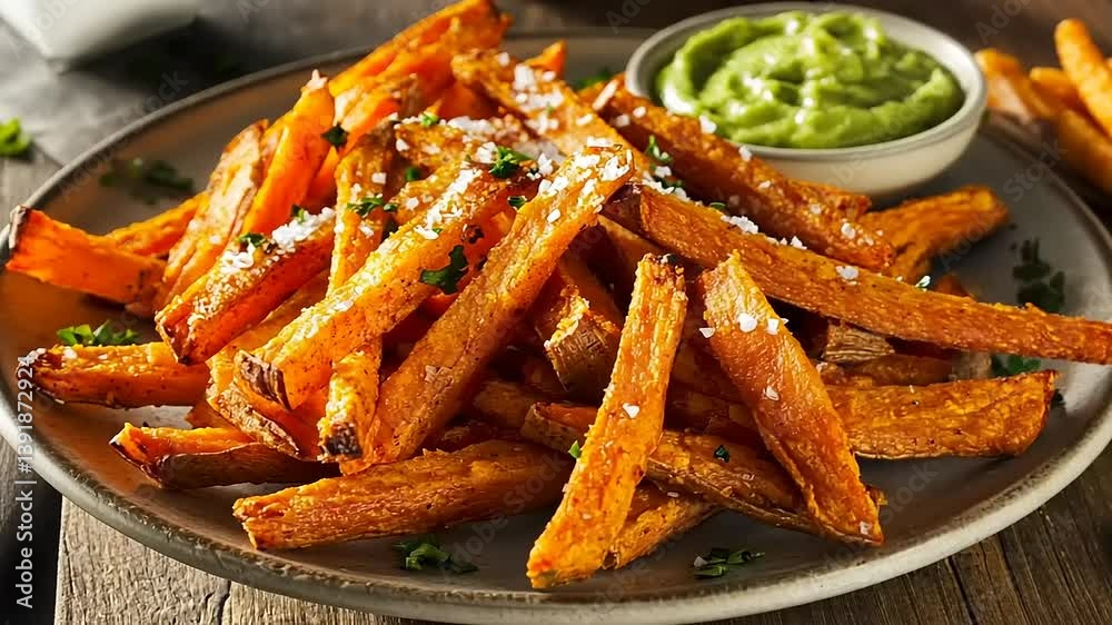 Crispy Sweet Potato Fries Served with Avocado Dip on a Rustic Wooden Table Crispy Sweet Potato Fries Served with Avocado Dip on a Rustic Wooden Table